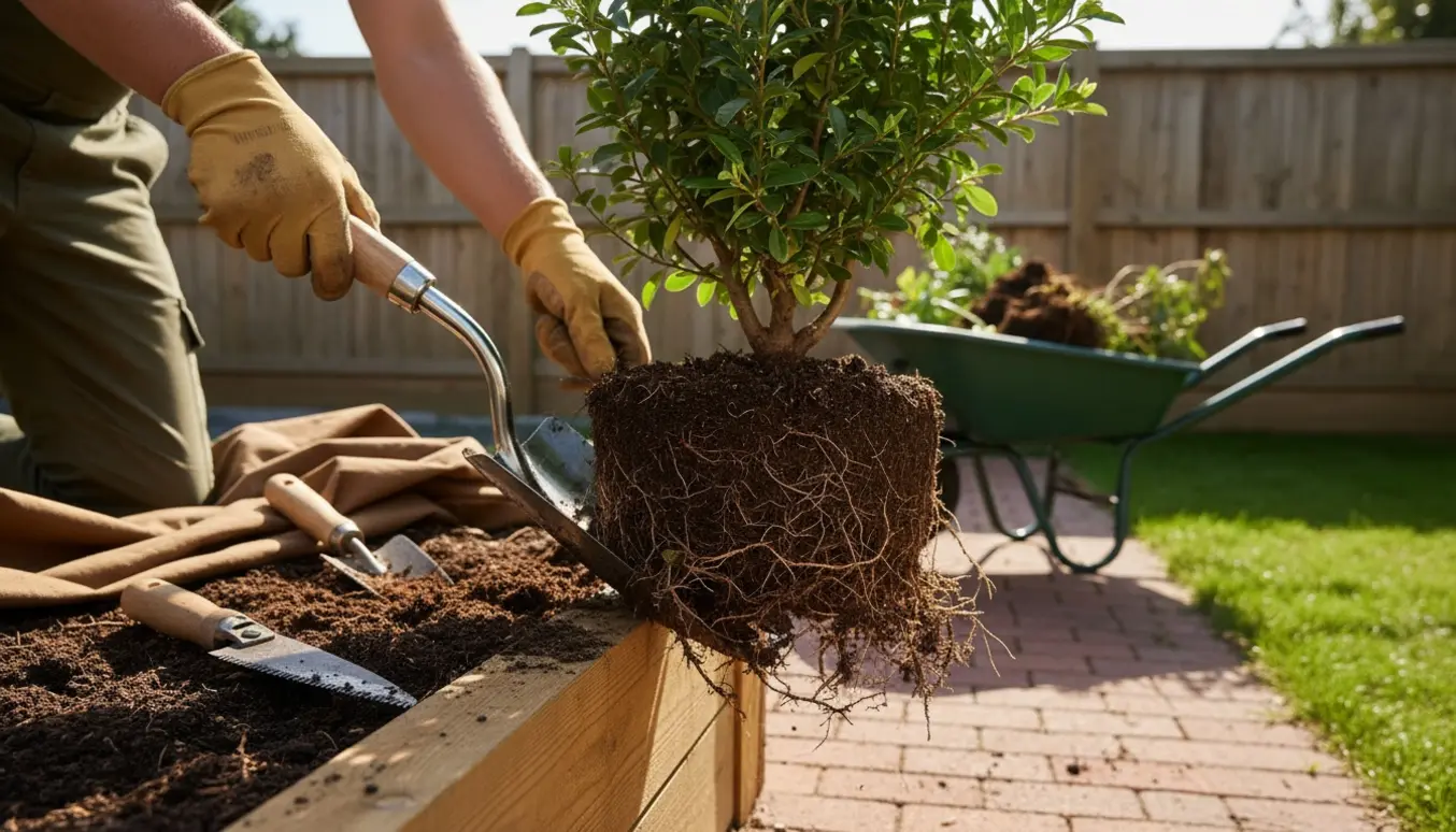 Gloved hænder graver en lille busk op, rodklump og jord synlig ved en havebed.