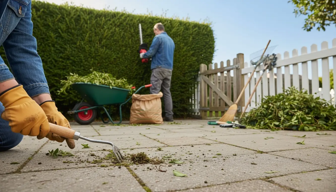 Nærbillede af havearbejde med ukrudtsfjernelse mellem fliser og en person, der trimmer siden af en lang hæk, redskaber og opsamlet grøntaffald i nærheden.
