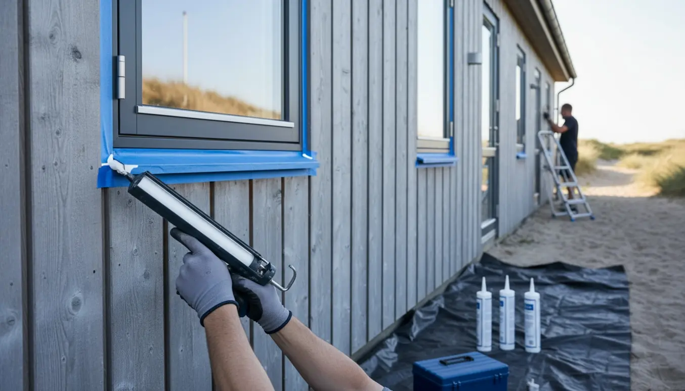 Nærbillede af hanskeklædte hænder, der fuge en ny træ/alu-vinduesramme på et etplans sommerhus ved kysten.