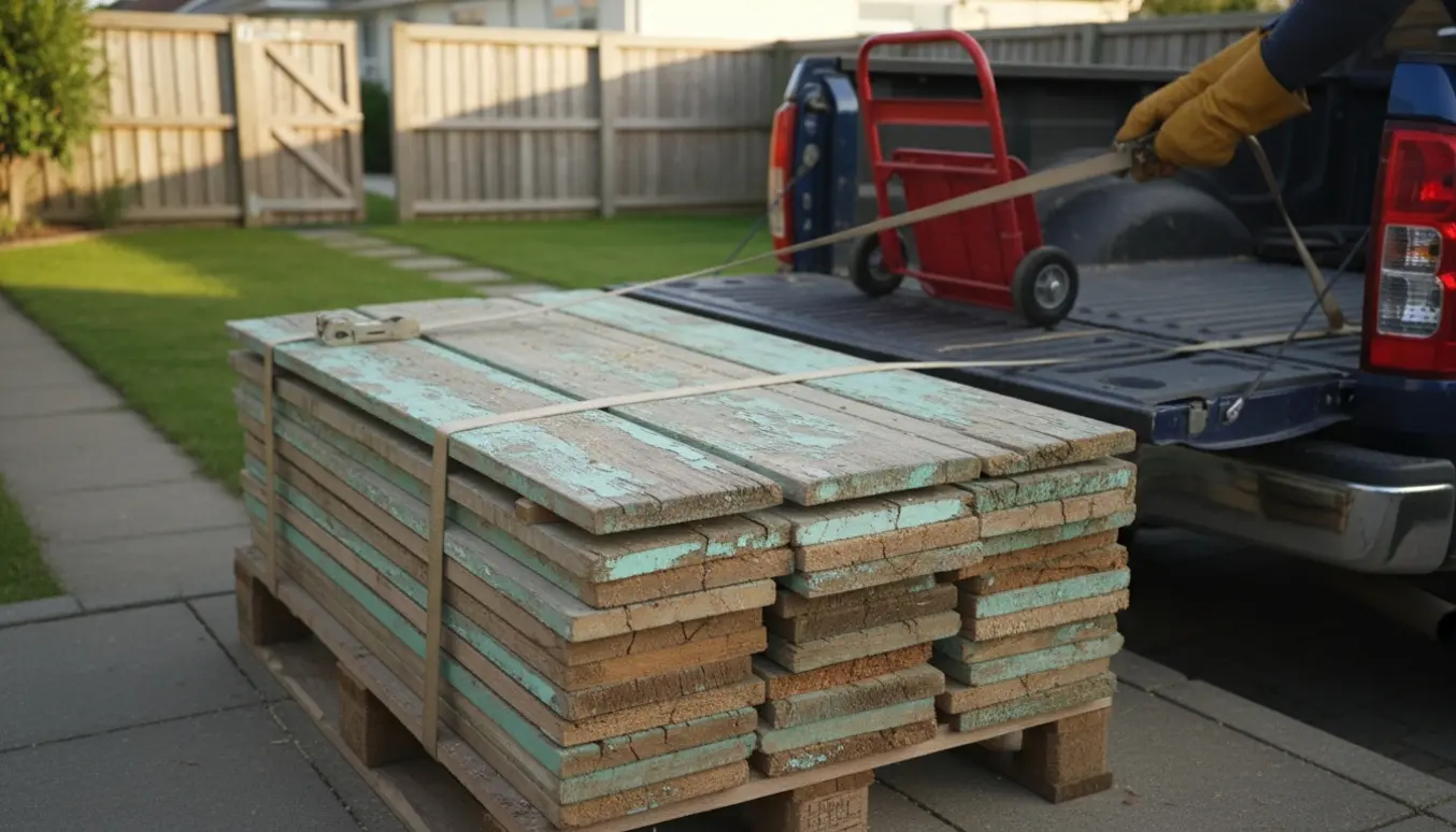 Stabel med gamle terrassebrædder ved åben varevogn i en solbeskinnet baghave, klar til afhentning.