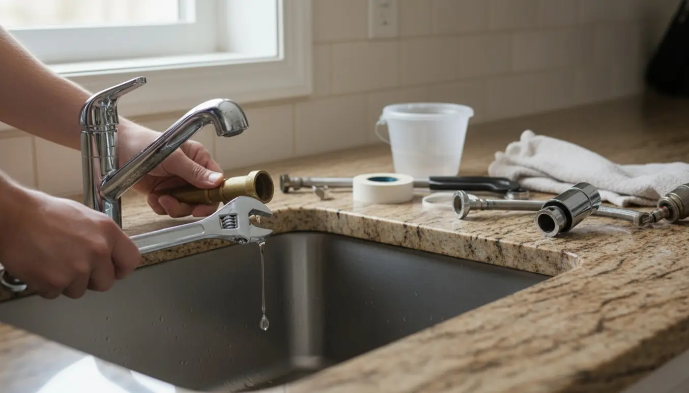 Hænder udskifter et dryppende køkkenarmatur med nyt blandingsbatteri ved vasken.