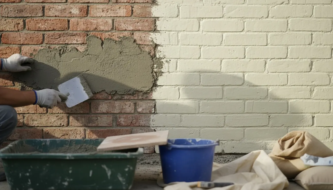 Nærbillede af hænder, der påfører cement- og kalkmørtel på en nyrenset mur klar til pudsning.