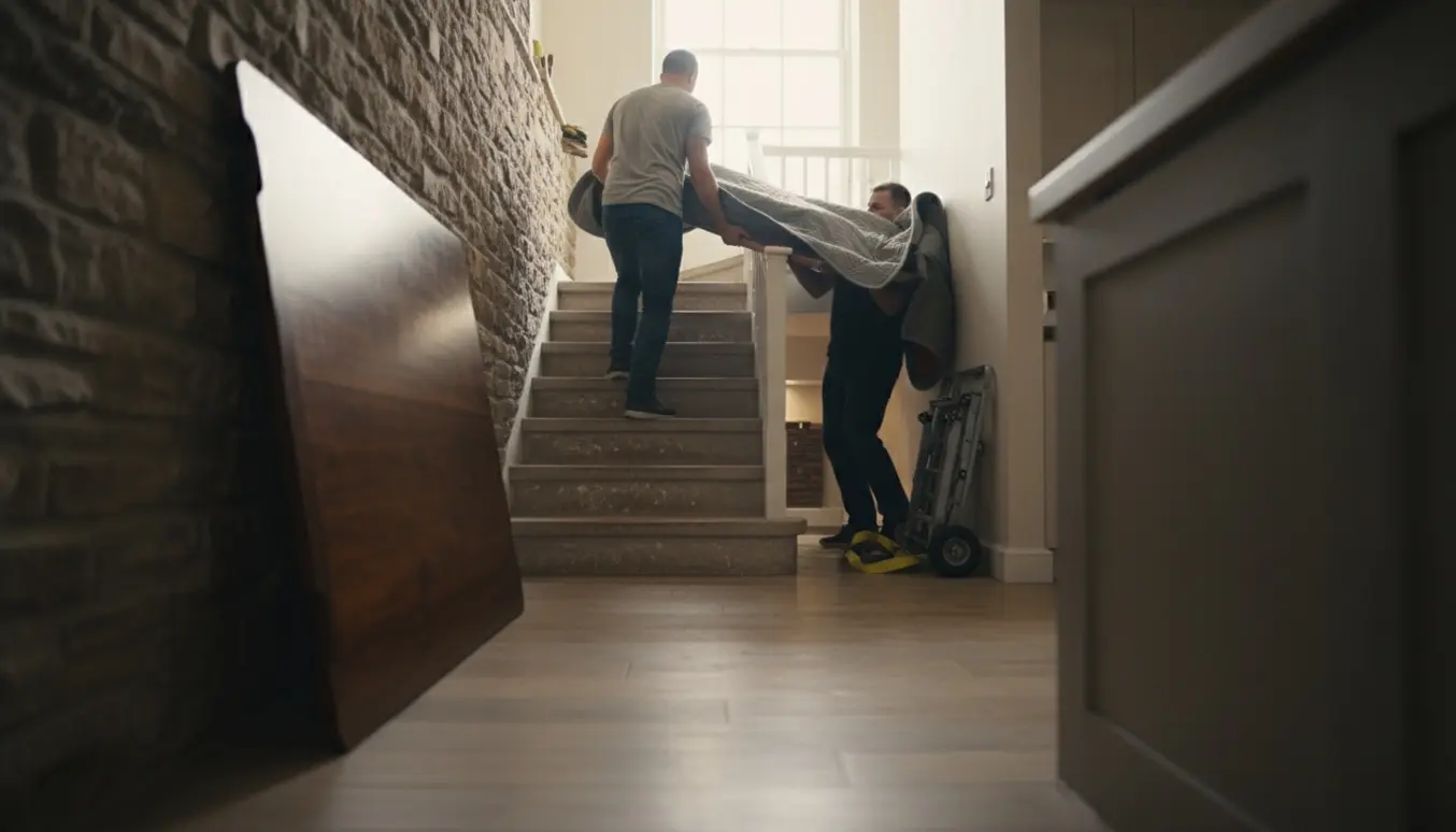 To mænd bærer et stort træspisebord op ad en køkkentrappe, benene er taget af og pakket i flyttetæpper.