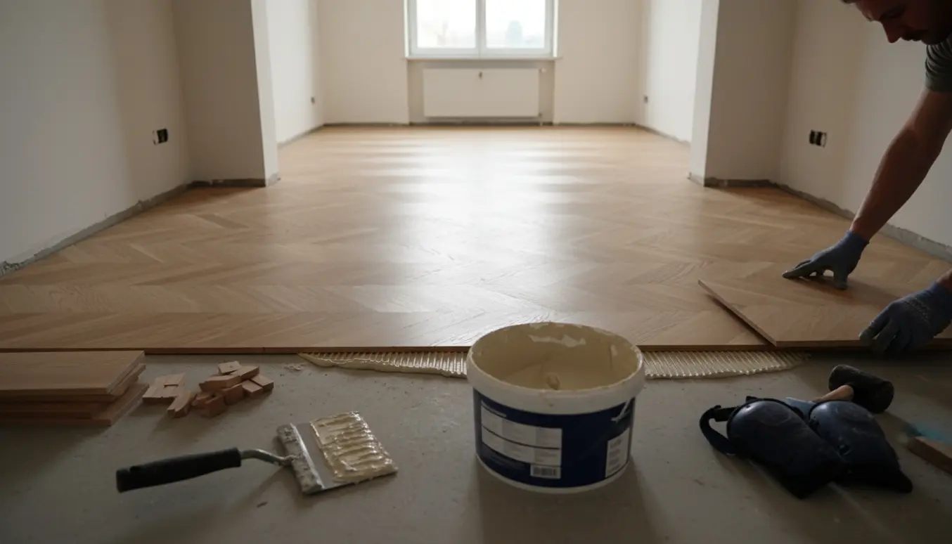 Nyklædt sildbenparket i en lang gang, værktøj og lim synlige, ingen behandling påført.