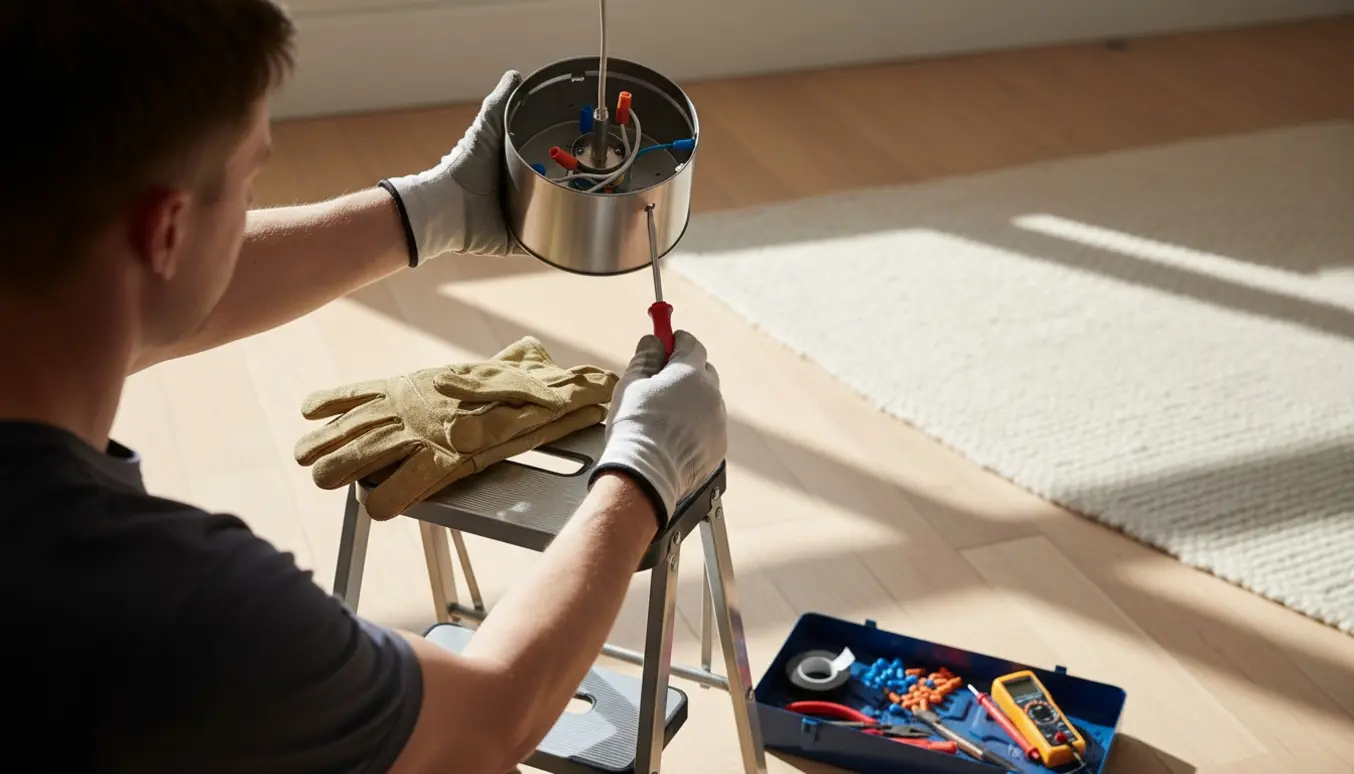 Hænder på en person på en trappestige afmonterer en loftlampe med værktøj og sikkerhedsudstyr i et lyst rum.