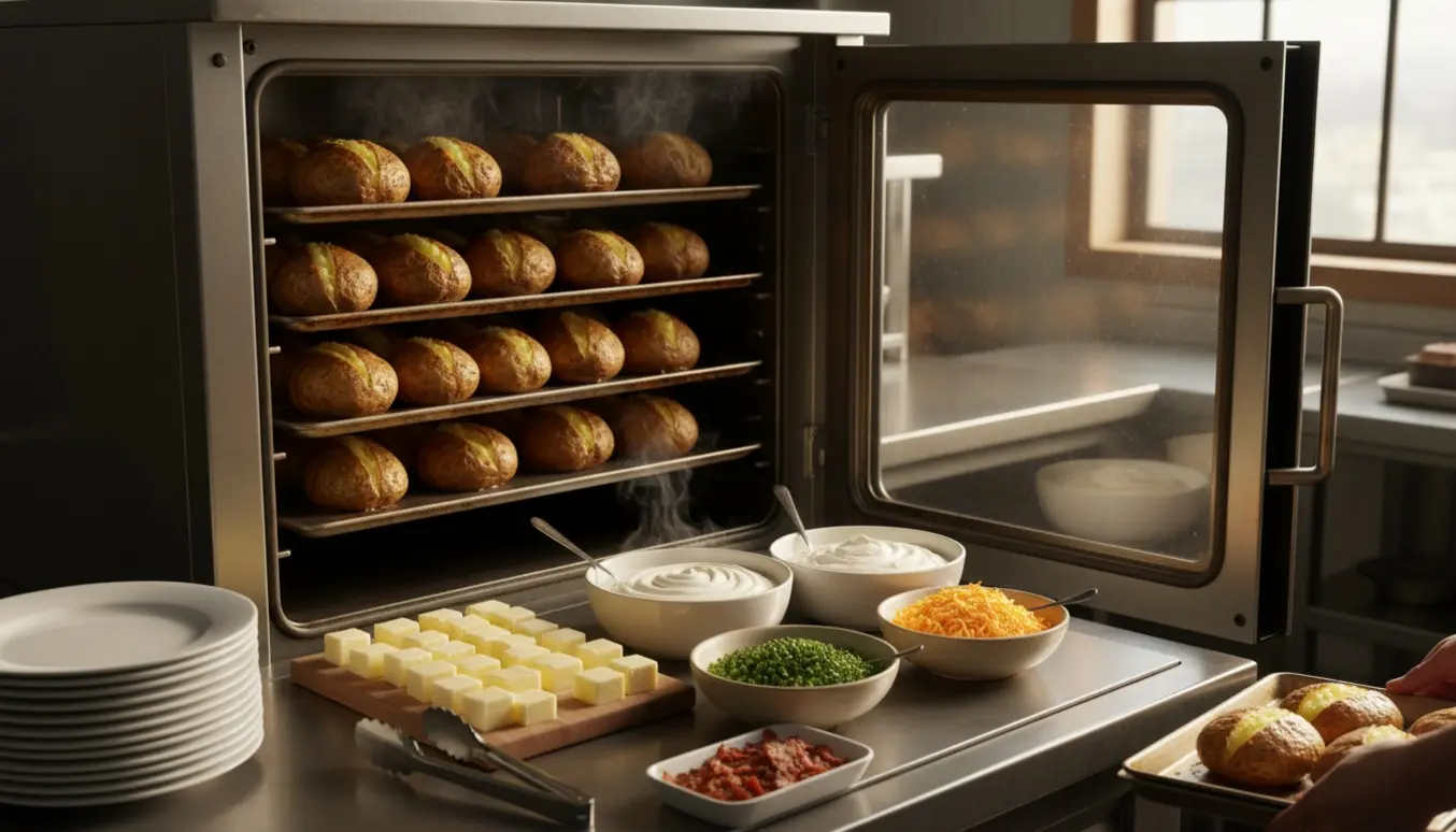 Fyldt ovn med bagekartofler og buffet med forskellige tilbehør klar til selvbetjening.