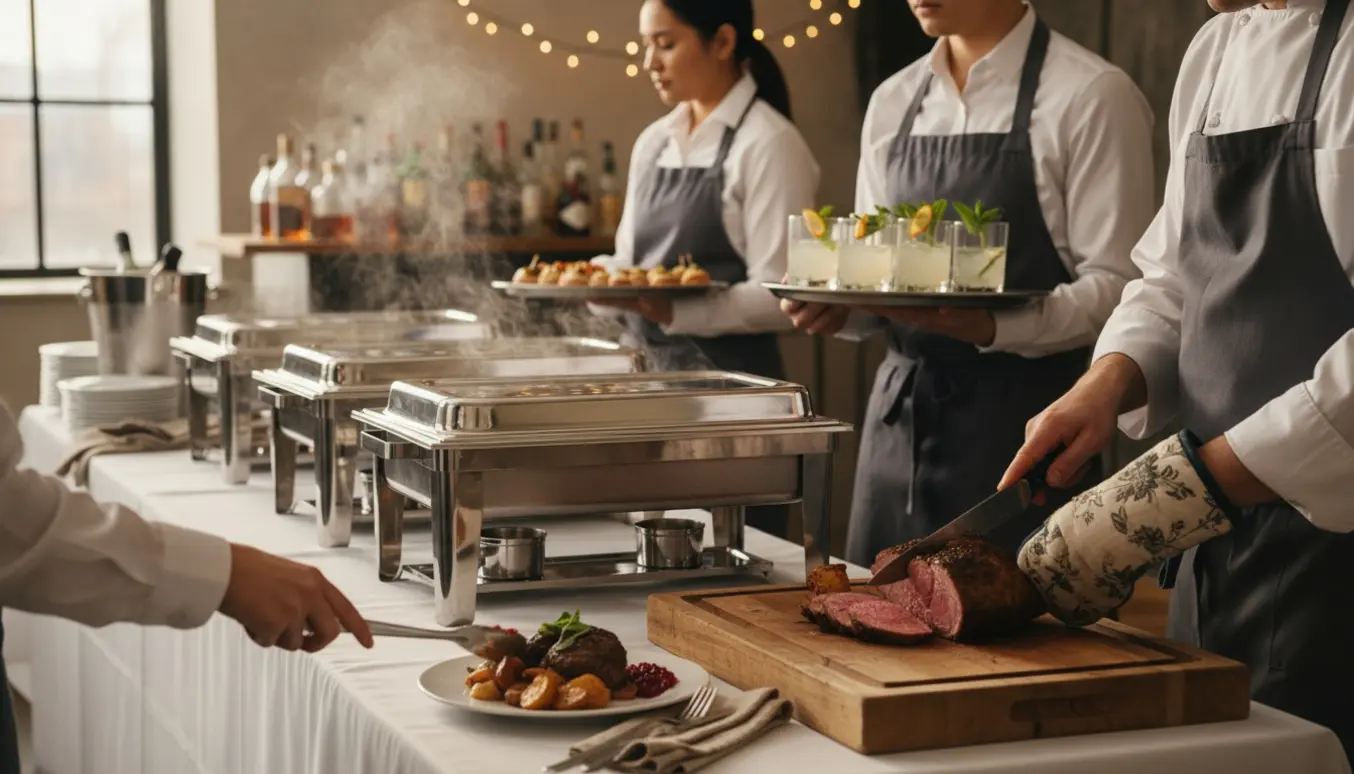 Buffetbord med kok og tjenere, der varmer, skærer og serverer mad til en firmajulefrokost.