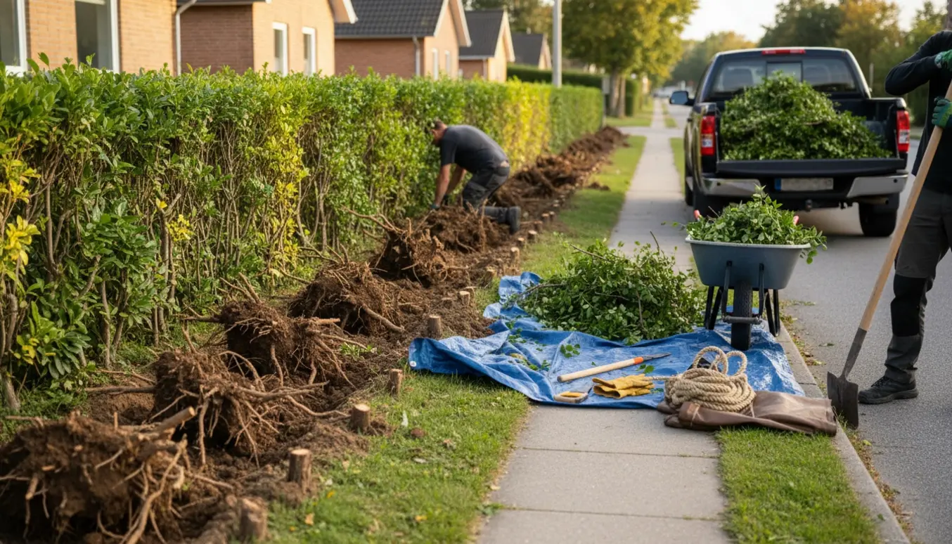 Udgravning af en 16 meter lang ligusterhæk ved fortovet med rodklumper, trillebør og værktøj klar til bortkørsel.