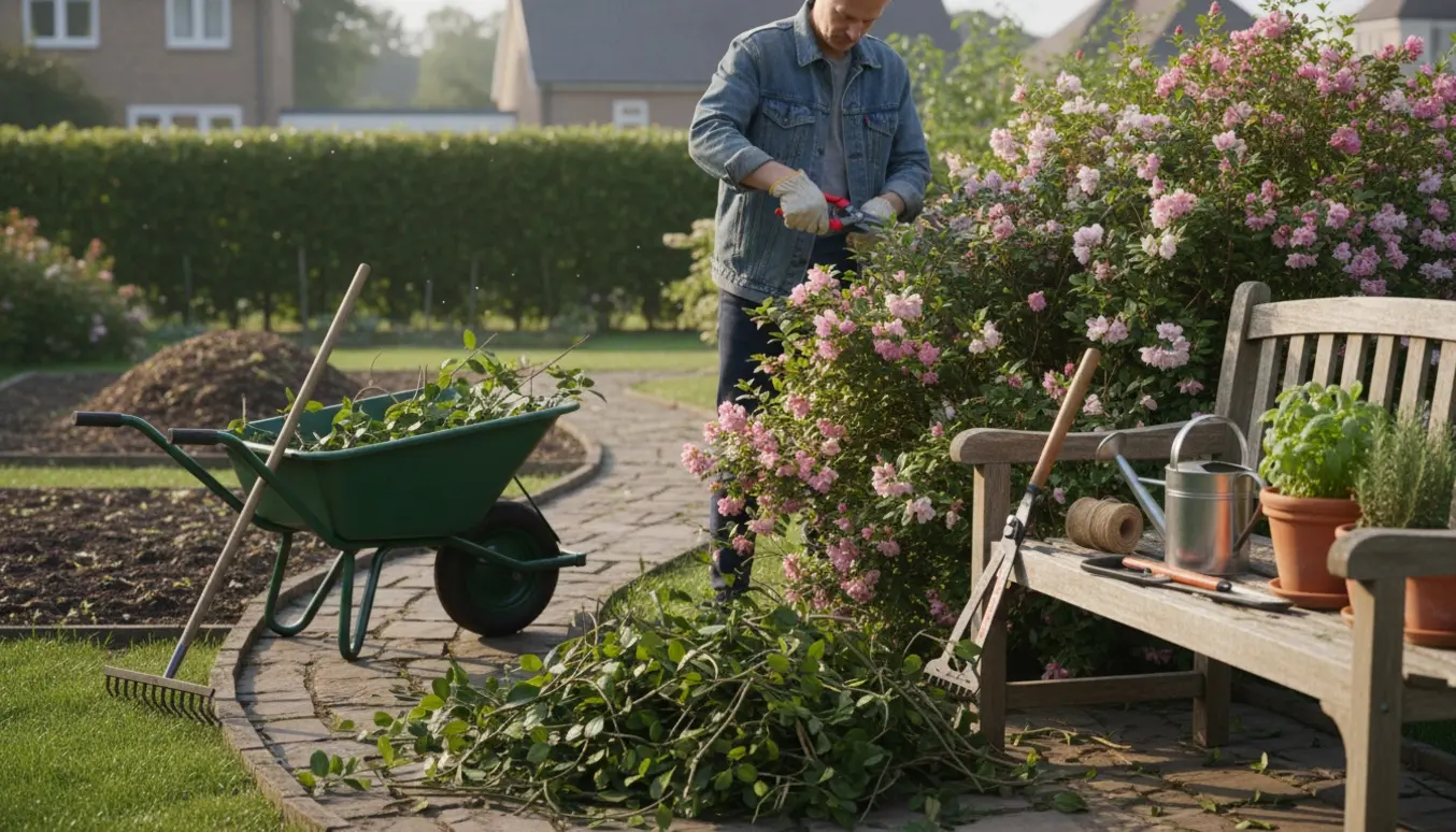 Hænder i handsker beskærer planter og lægger afklip i en trillebør i en soloplyst have.