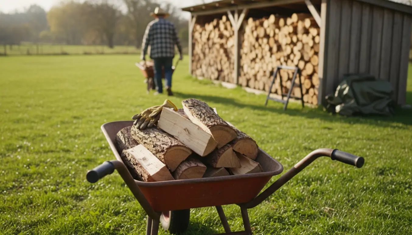 Trillebør fyldt med brænde på en græsplæne og en person set bagfra, der stabler brænde pænt under et halvtag.
