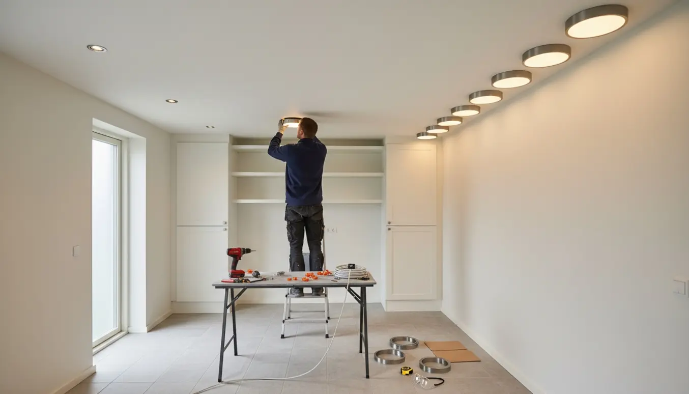 Håndværker fra ryggen på en stige installerer ni nye, større indbyggede spots i et lyst bryggers.