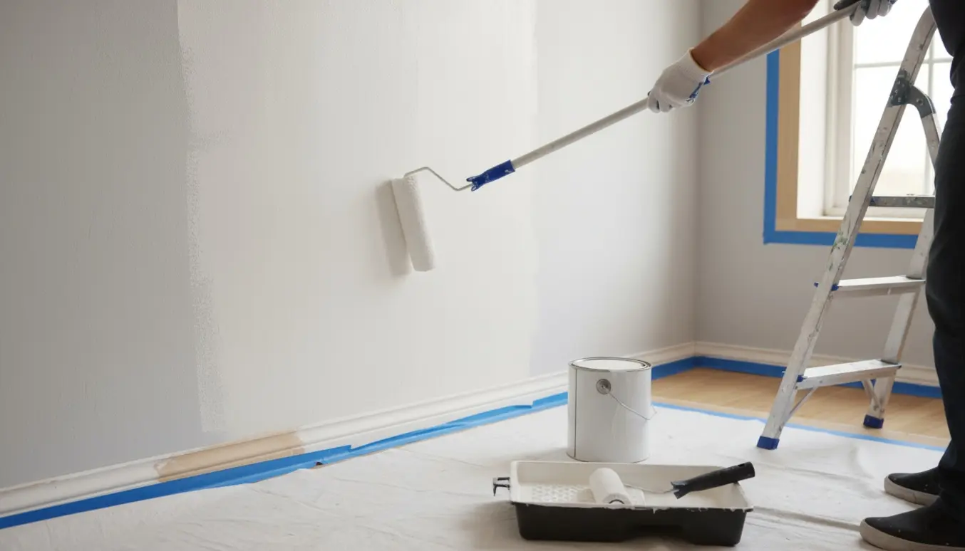 Et lille 11 m² værelse under maling med en malerrulle, åben hvid malerbøtte og afdækningsplast på gulvet.