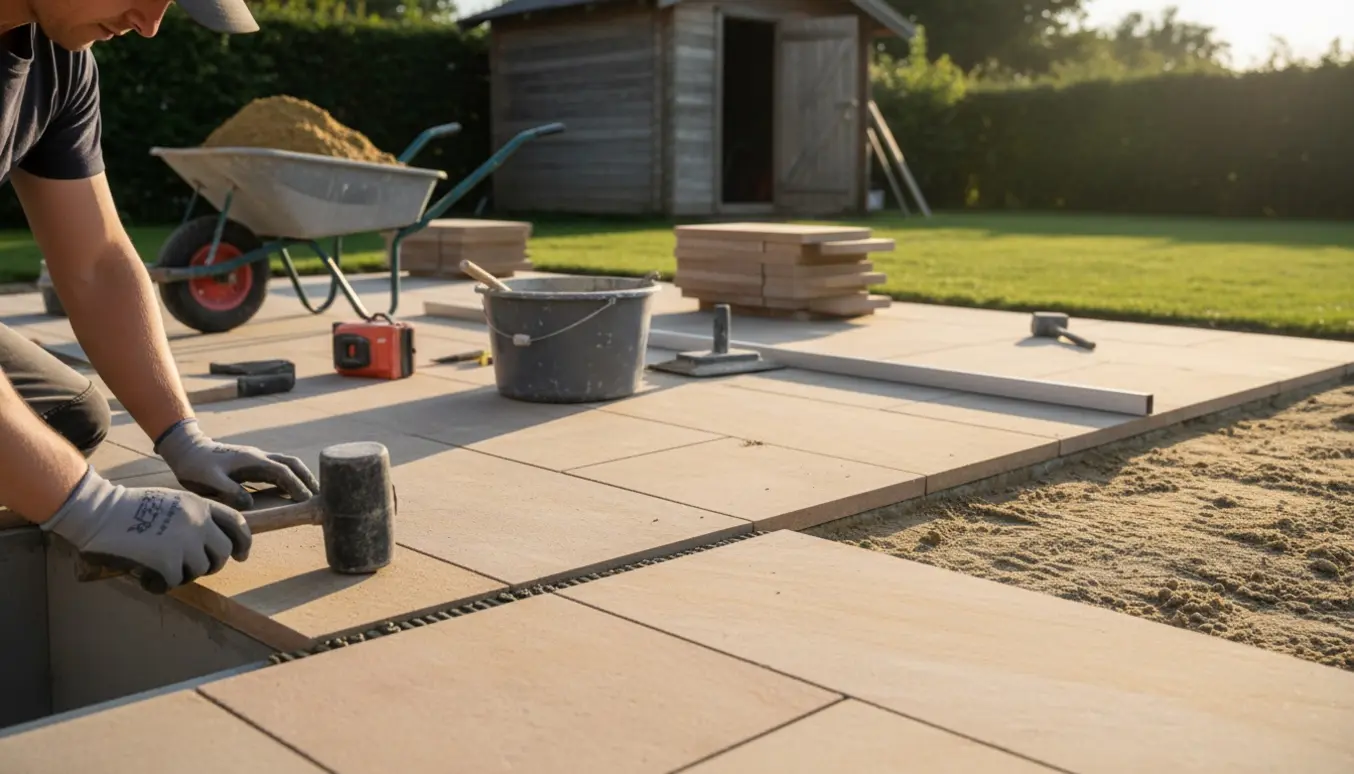 Hænder lægger sandstensfliser på en terrasse med korrekt fald mod græsplænen, omgivet af værktøj og materialer.