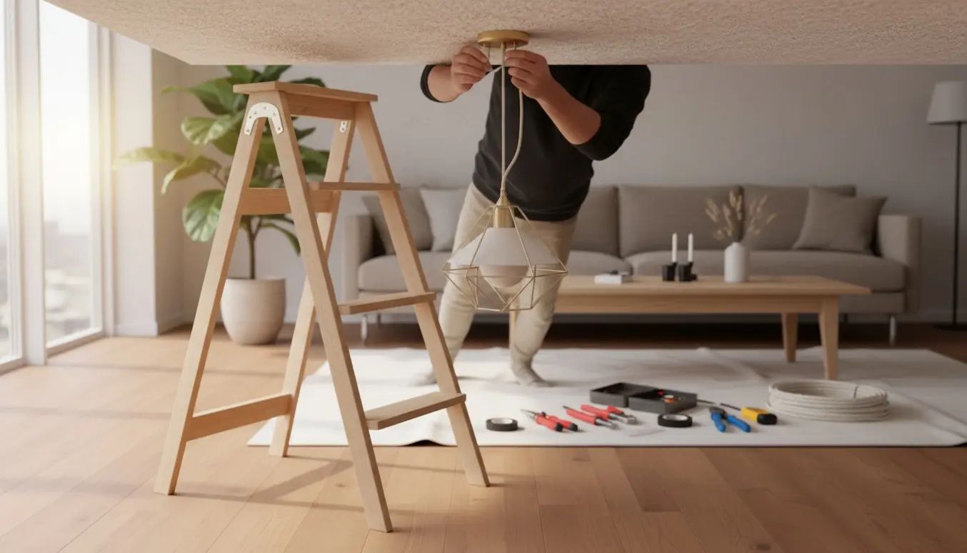 Hænder hænger en pendellampe op i en moderne stue, med ledning og værktøj i fokus.