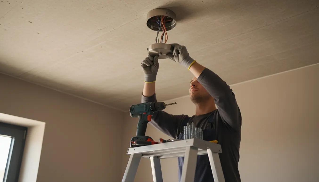 Hænder monterer en loftlampe i et værelse med betonloft, stige og monteringsbeslag.