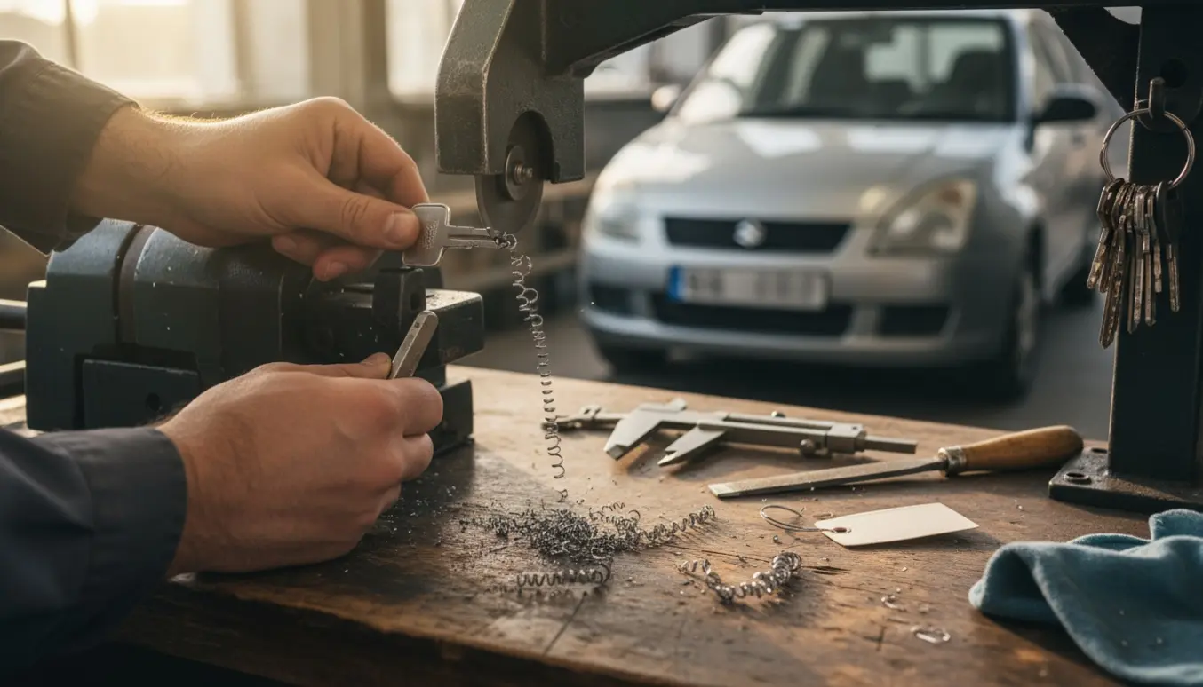 Nærbillede af en mekanisk bilnøgle, der bliver skåret til ved en nøglefræser med en ældre hatchback i baggrunden.