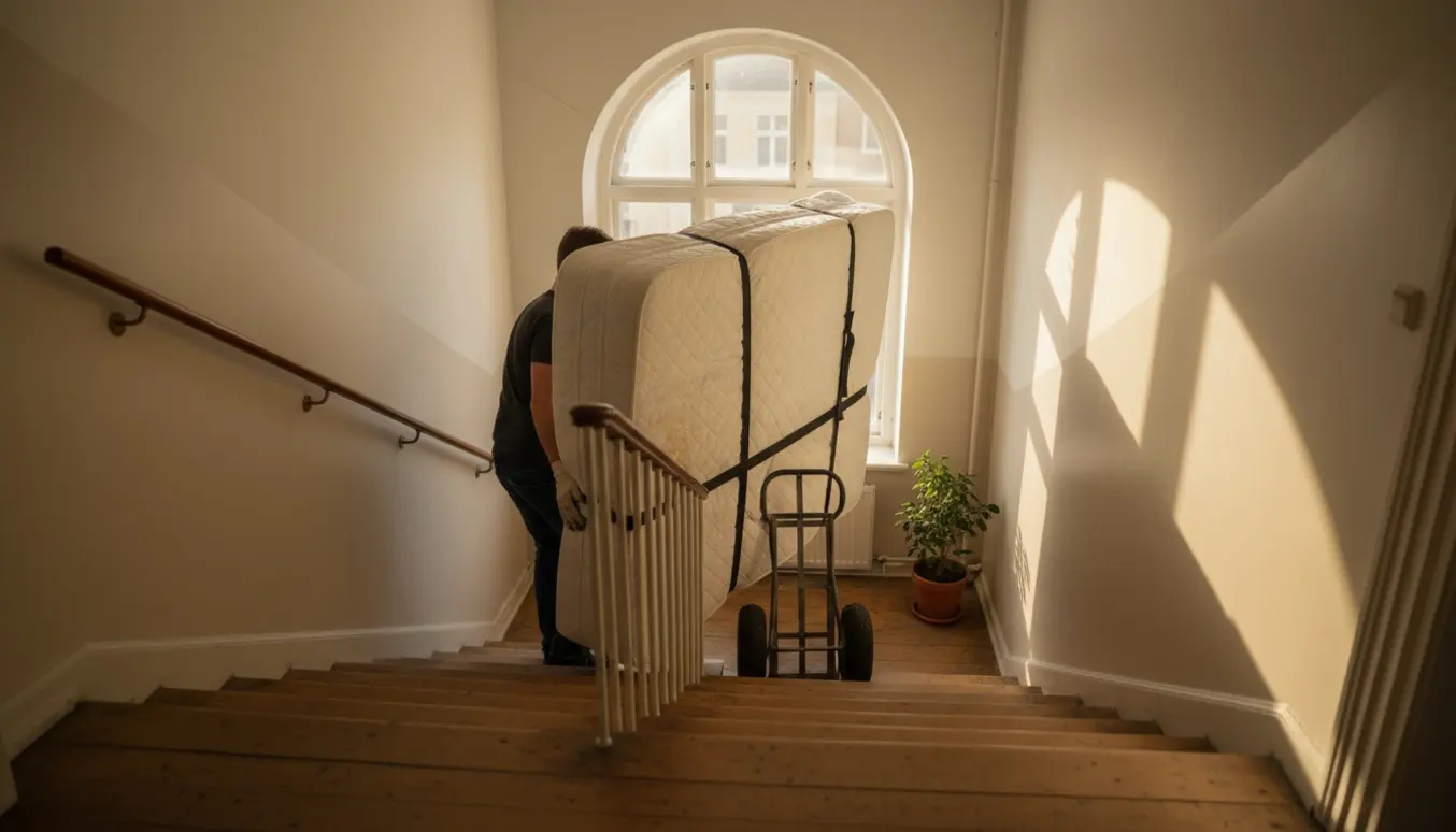 To personer bærer en boxmadras ned ad en lejlighedstrappe i København om eftermiddagen.