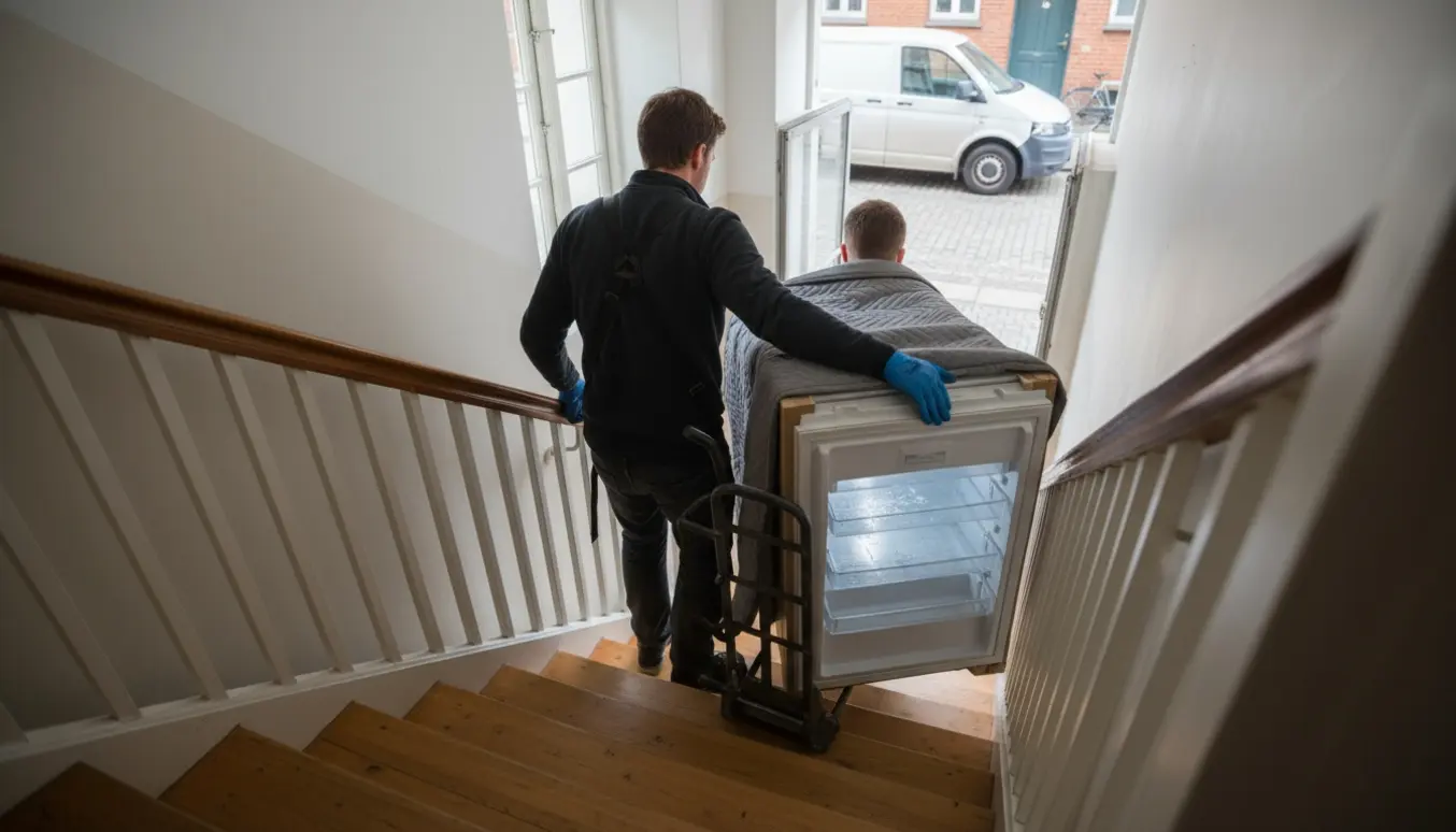 Et 178 cm køle-/fryseskab bæres ned ad en trappe i en københavnsk opgang, pakket i flyttetæppe og sikret med stropper.