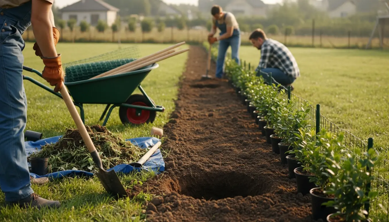 Lang hækplantning i en baghave med nyplantede hækplanter, værktøj og genoprettet hundegitter.