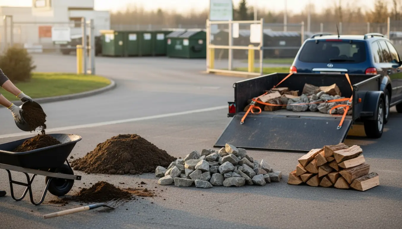 Trailer og trillebør klar ved indkørsel med jord, sten og træ klar til aflevering.