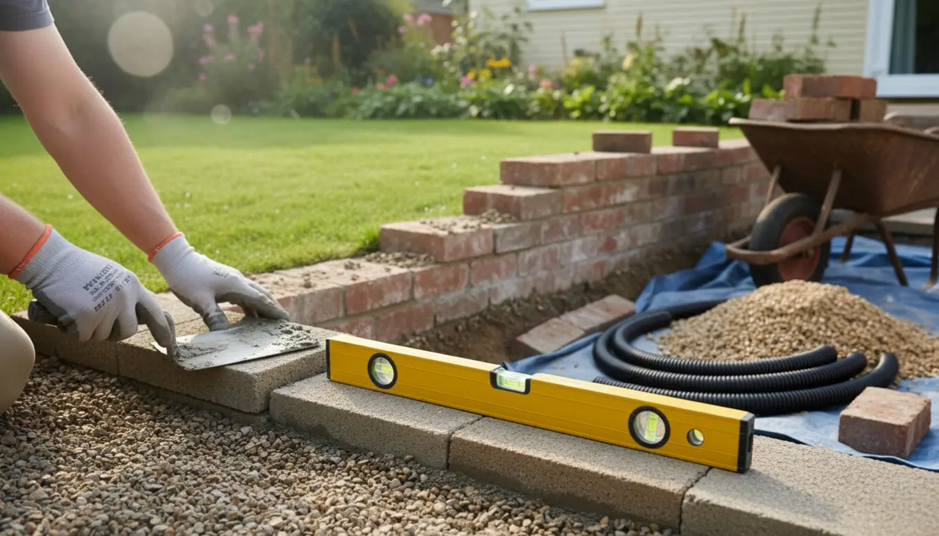 Hænder lægger betonblok på ny forankring ved genopbygning af en lille støttemur i en parcelhushave.