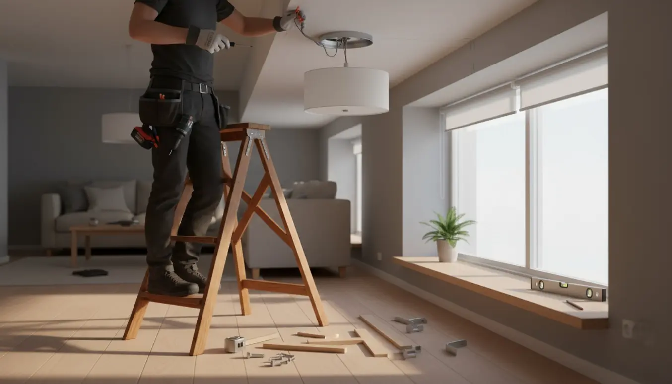 Hænder monterer en loftlampe og justerer et rullegardin i et lyst, moderne rum.