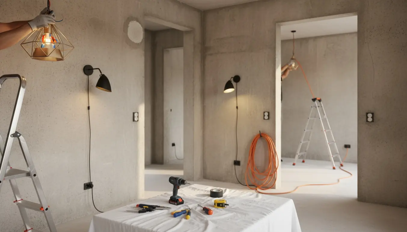 Hænder monterer en loftslampe og tilslutter væglamper på rå betonvægge med værktøj i nærheden.