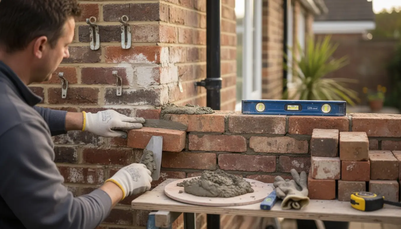 Murerarbejde på en 4,5 m væg med tre-skifters forbandt og kronemønster efter fjernet nedløbsrør.