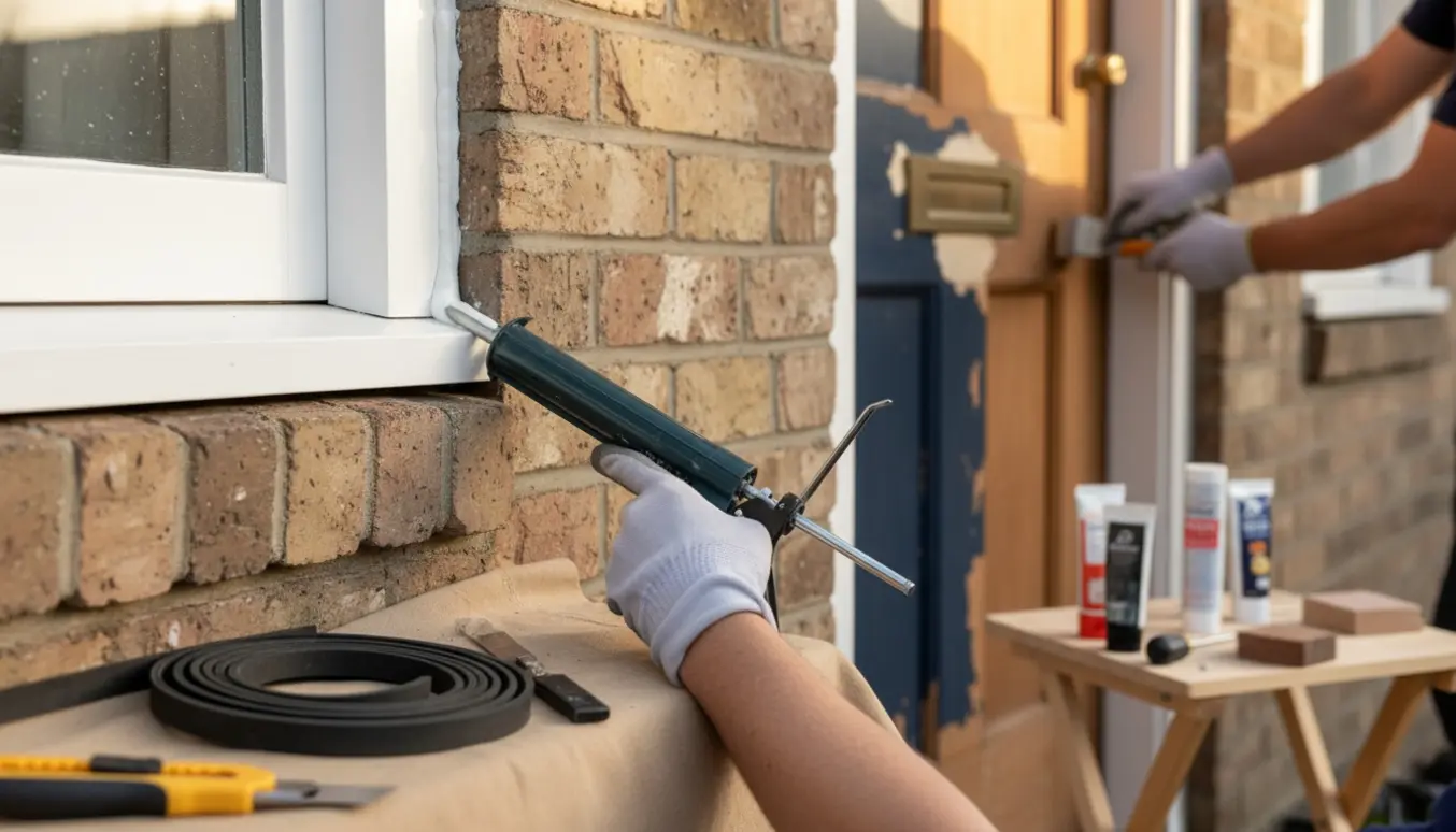 Nærbillede af udskiftning af vinduesfuge og reparation ved dør med fugepistol, tætningsliste og værktøj i blødt dagslys.