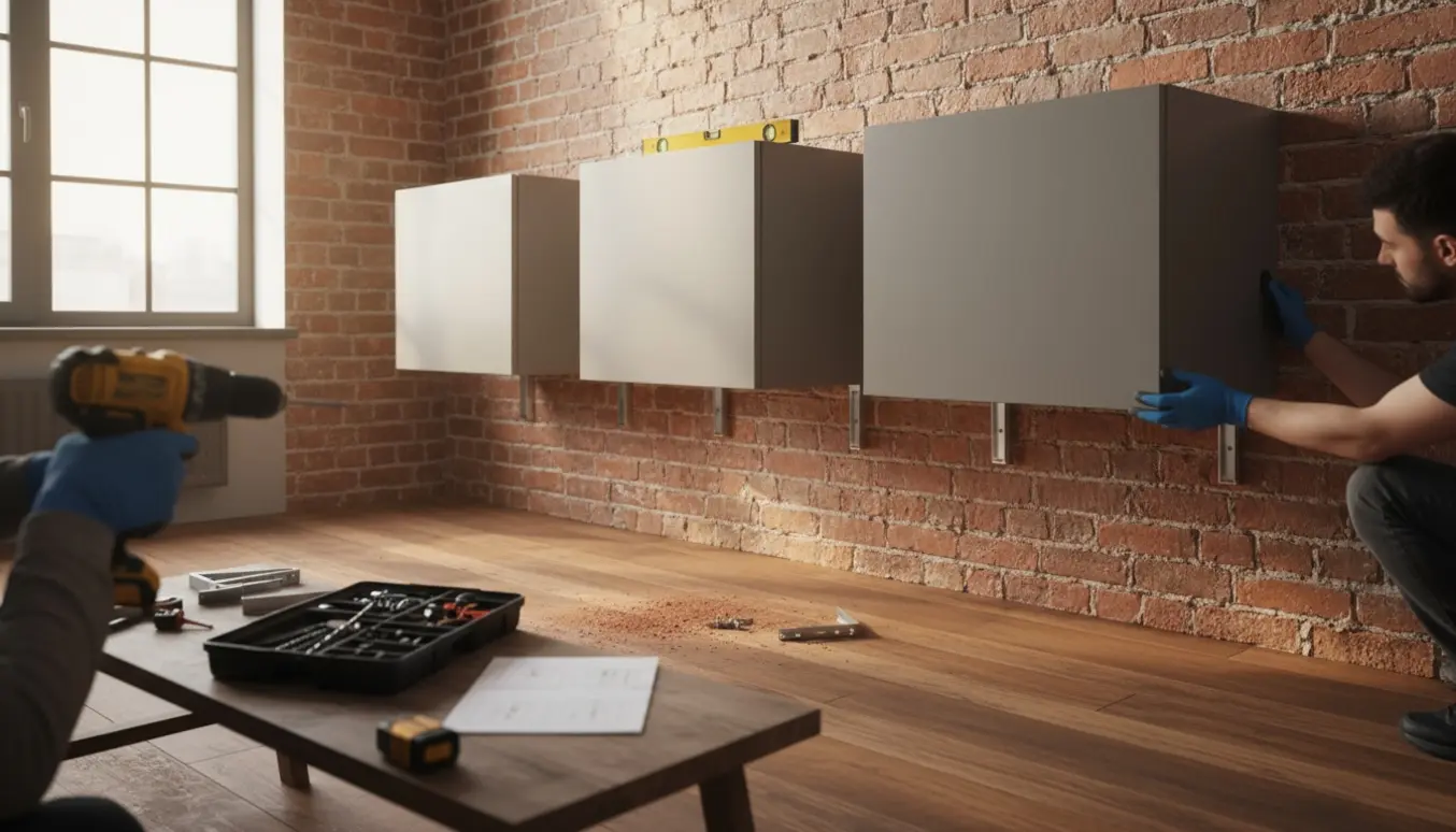 Tre modulreoler bliver monteret på en rødmuret væg med værktøj og hænder i fokus.