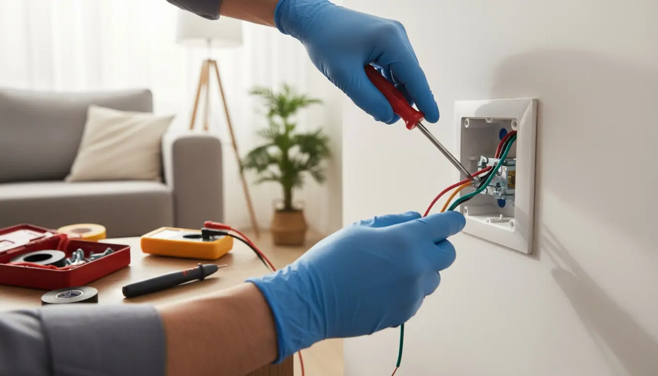 Nærbillede af en elektrikerhånd i isolerede handsker, der installerer en stikkontakt i en lys og ryddelig stue.