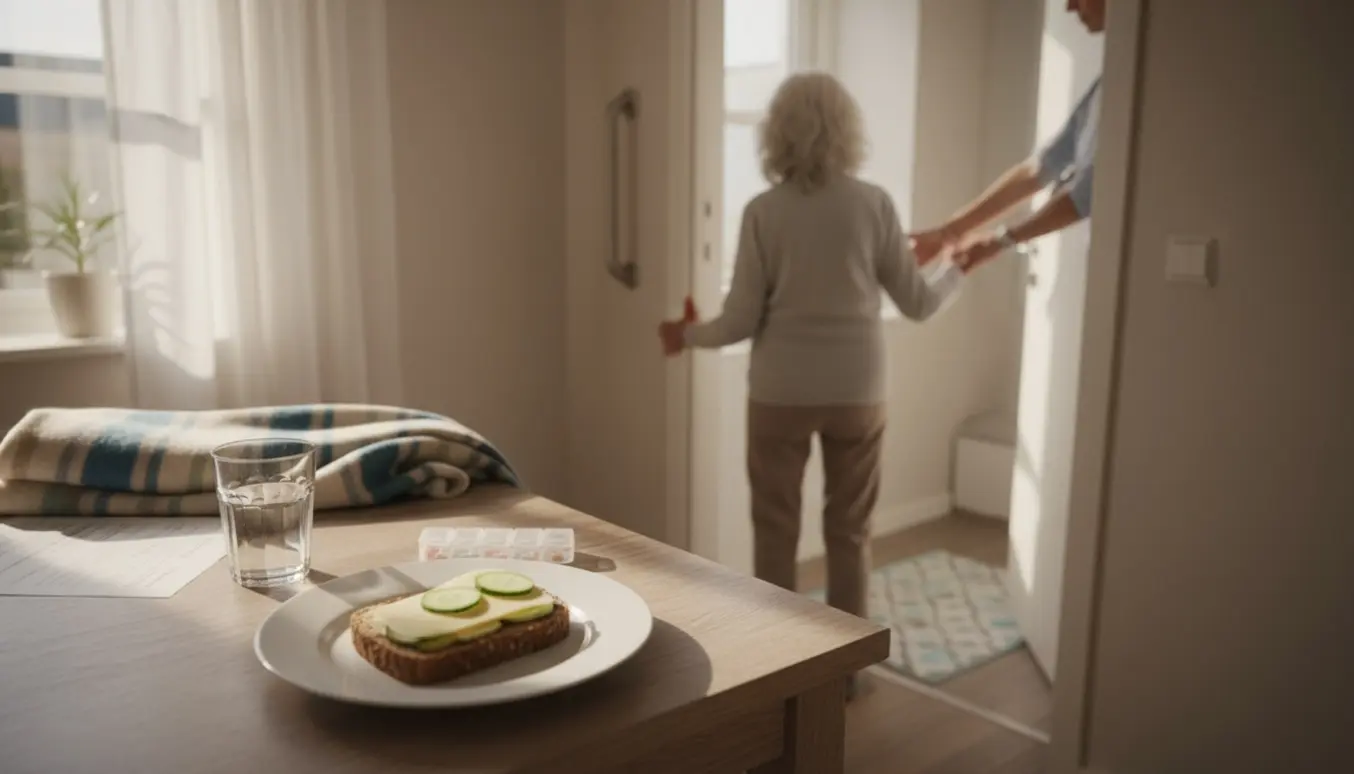 Omsorgsscene hvor en plejer leder en ældre kvinde mod badeværelset, mens en rugbrødsmad og medicin står klar på bordet.