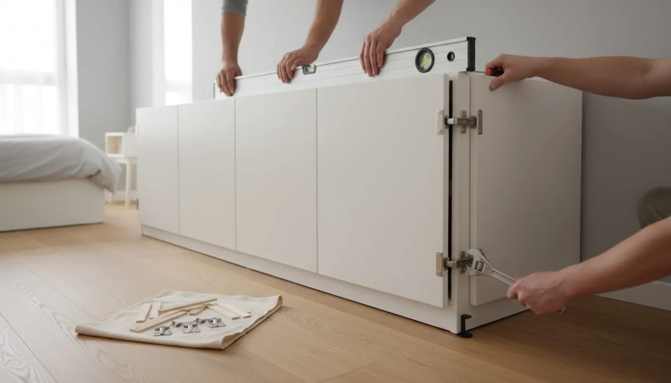 Nærbillede af hænder, der bruger vaterpas og skruetrækker til at justere et sammensat Ikea PAX-garderobeskab med fem låger.