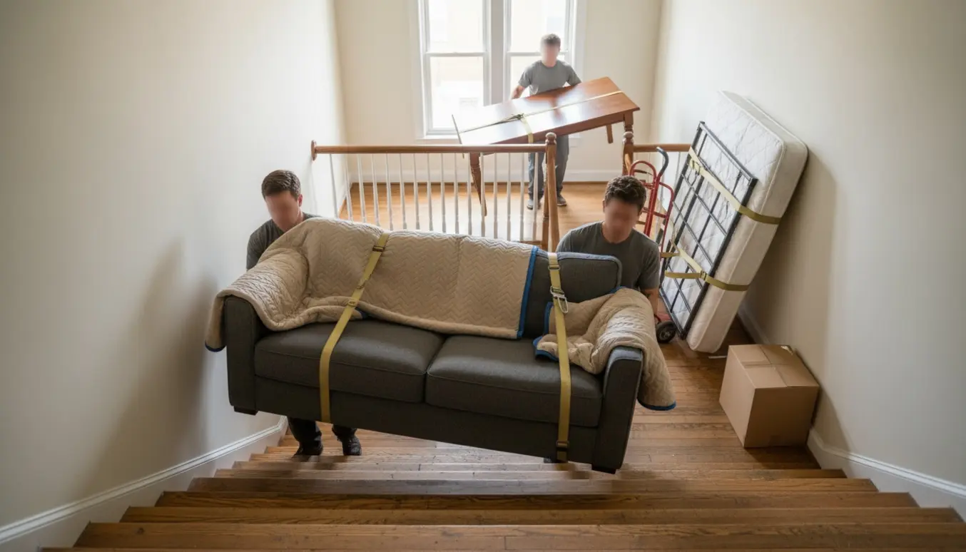 Flyttefolk bærer sofa og spisebord i en lys opgang under lejlighedsbytning.