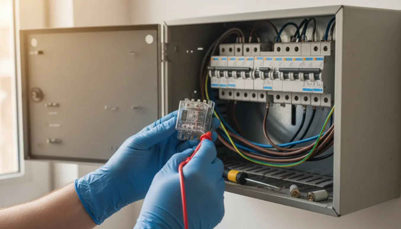 Isolerede hænder måler et åbent el-relæ i et eltavleskab med multimeter og nye sikringer.