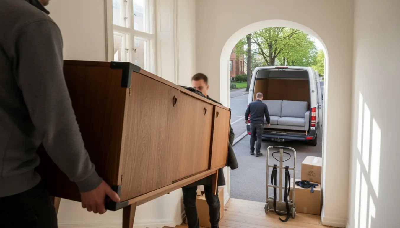 Flyttemænd bærer en skænk ned ad trappen, mens en sofa læsses ind i en flyttevogn uden synlige ansigter.