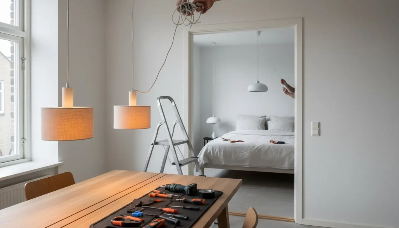 Hænder monterer to pendellamper over et spisebord, mens en tredje lampe forberedes i soveværelset med værktøj og stige i nærheden.