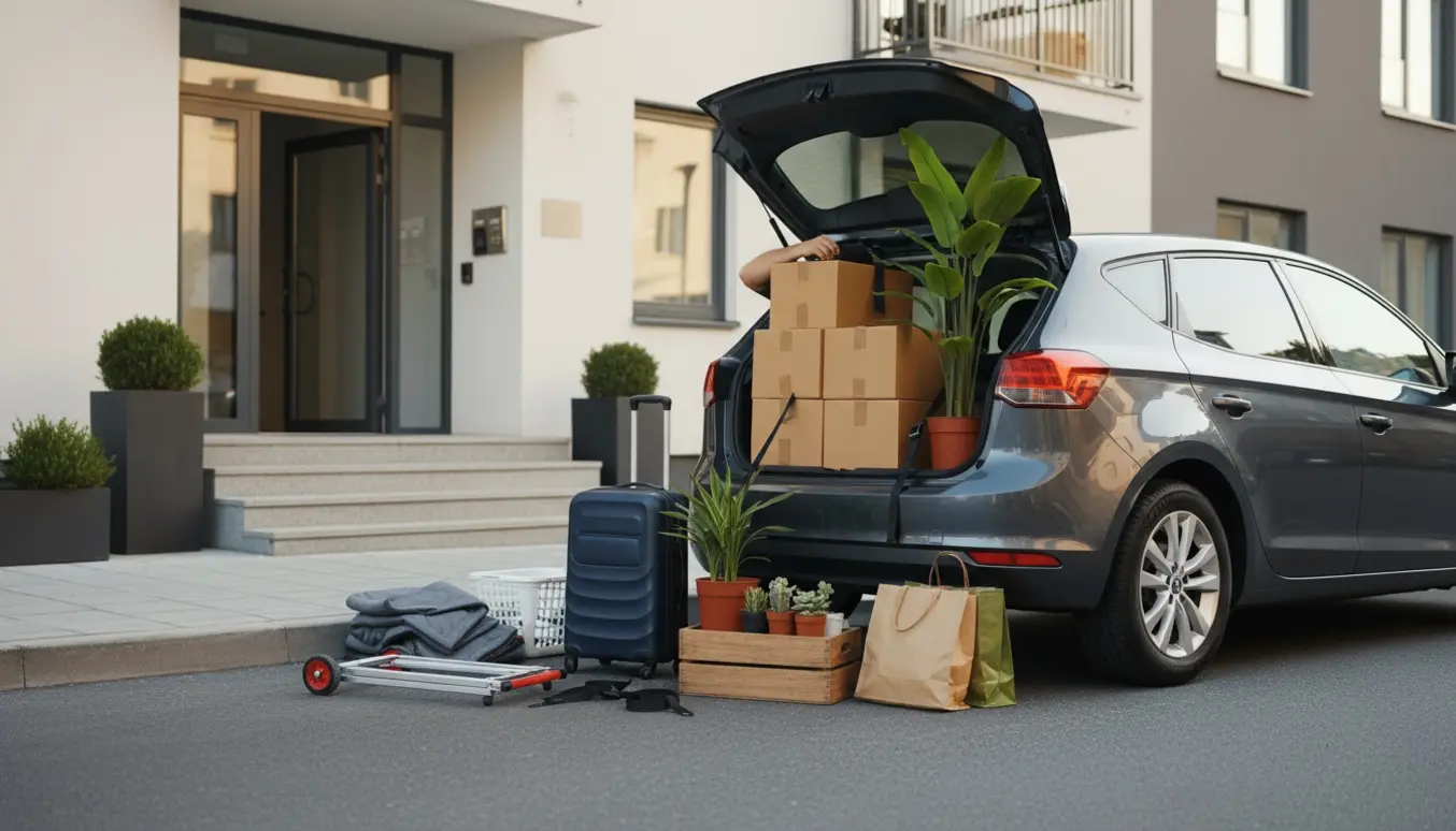 Åben bil lastet med kasser, en høj plante, kuffert, poser og tøjstativ ved en lille trappe.