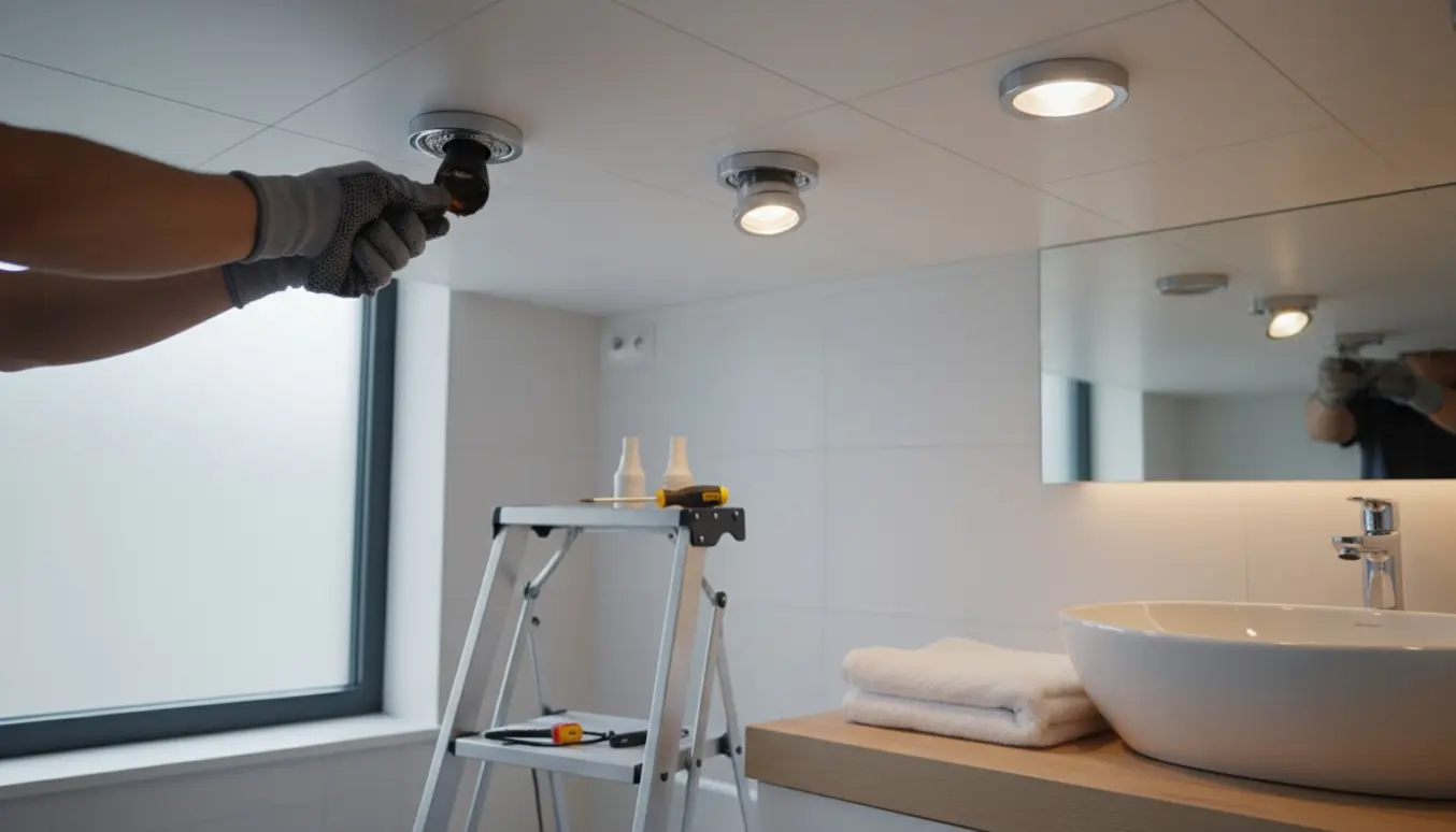Hænder i arbejdshandsker skifter en brændt spotpære i et moderne badeværelse.