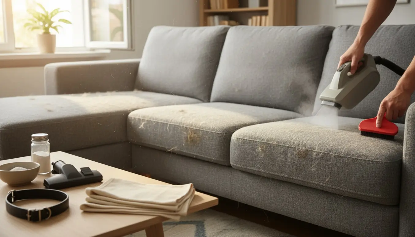 Hånd renser en grå trepersoners stofsofa med chaiselong for hundehår og pletter.