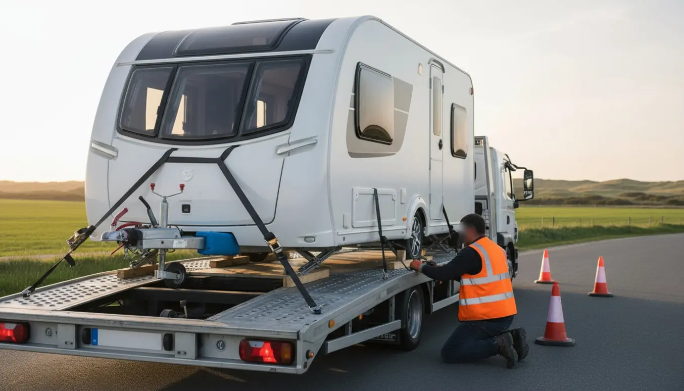 En kompakt campingvogn sikret med stropper på en autotransporter i dansk landskab ved gyldent lys.