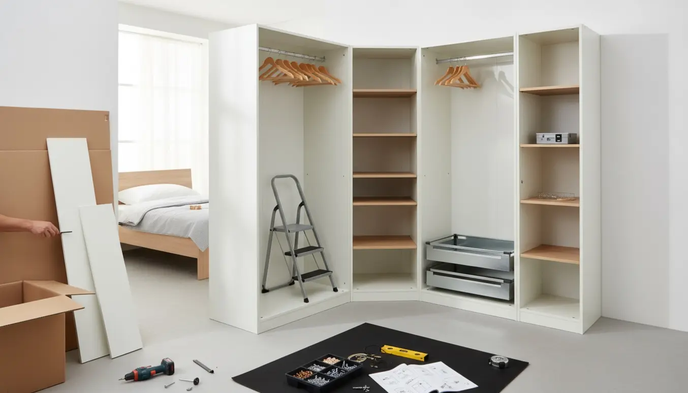 Nærbillede af samling af PAX-garderobe med moduler, værktøj og indretning i et lyst rum.