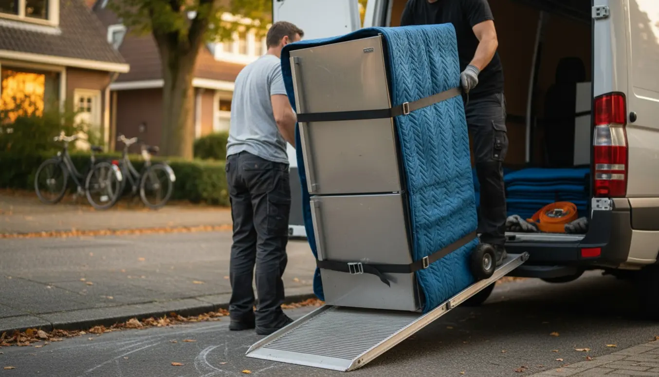 Flyttefolk læsser et køleskab fra fortovet ind i en varevogn ved vejkanten.