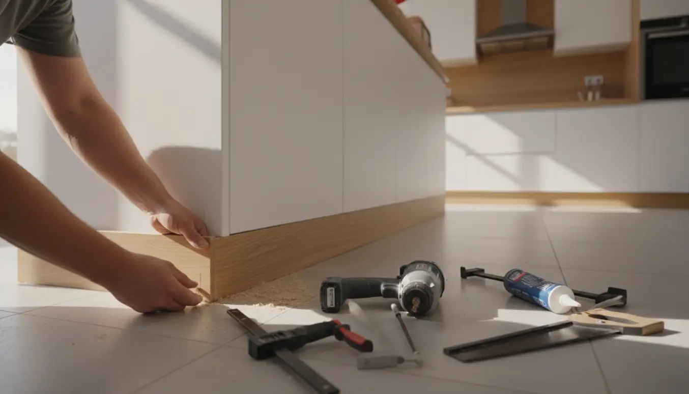 Hænder monterer en træliste langs køkkenøen og underskabe i et lyst, moderne køkken.