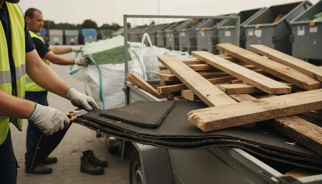 Handskerede hænder læsser byggeaffald ved en genbrugsplads med bræddestak, skåret tagpap og poser med rockwool.