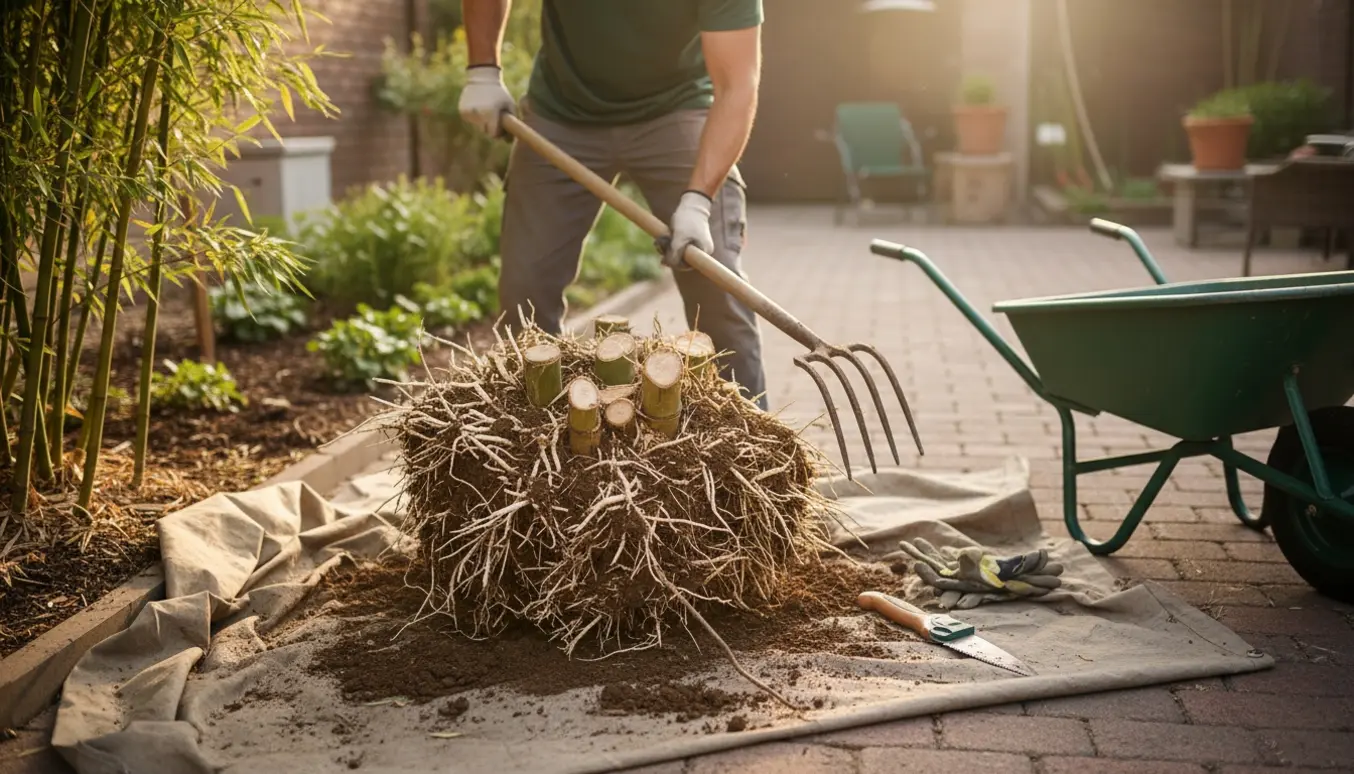 Nærbillede af en person der graver en bambusklump op i en baghave, med eksponeret rodnet og haveredskaber.