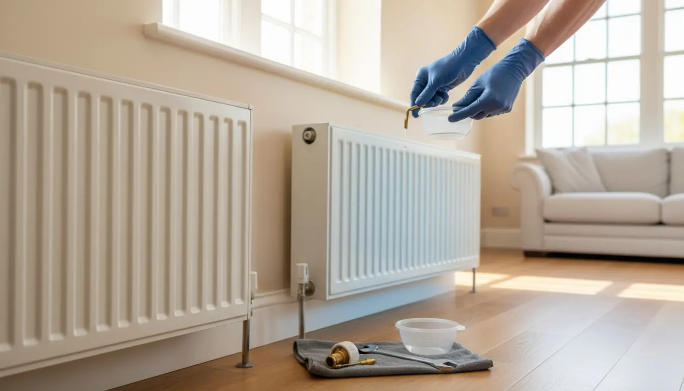 To radiatorer i en lys stue, den ene med termostathoved afmonteret og handsker på hænderne ved udluftning.
