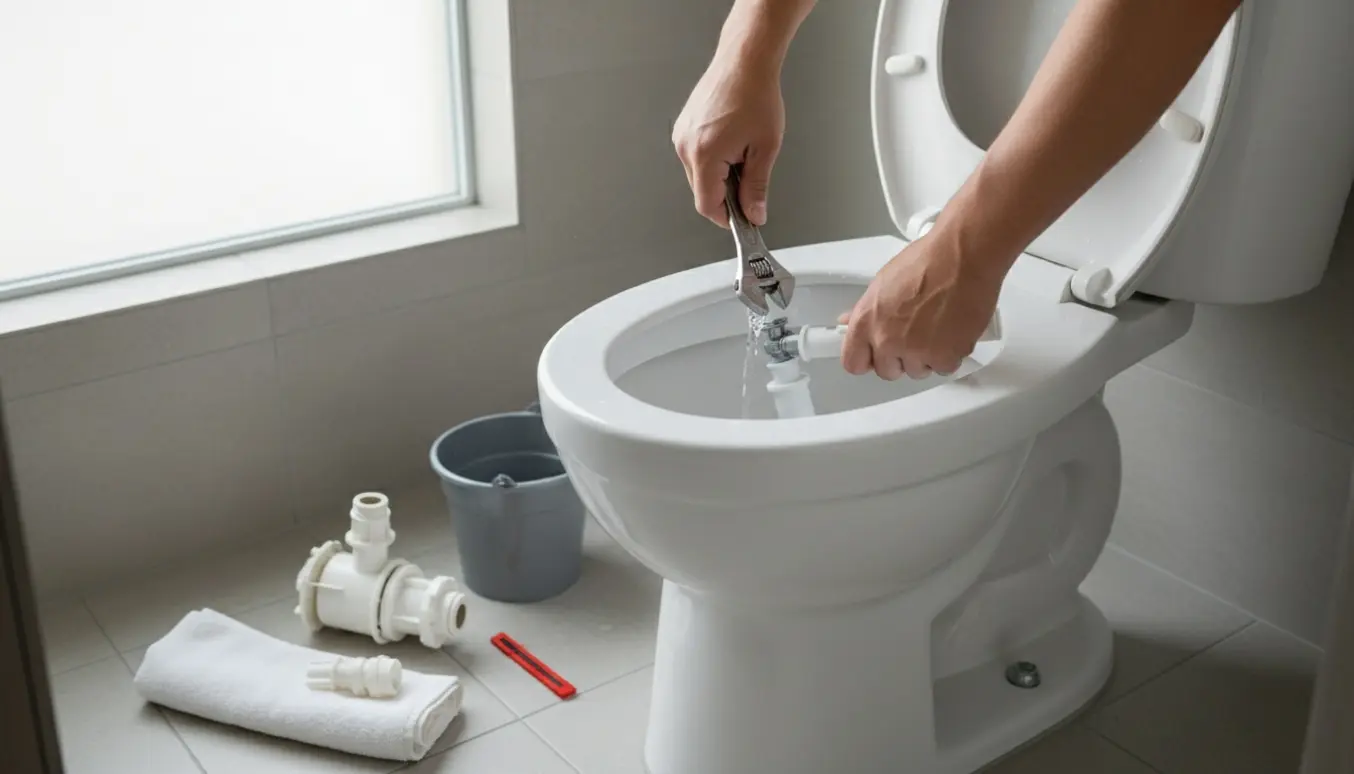 Hænder udskifter fyldventilen i et åbent toilettank for at reparere et løbende toilet.