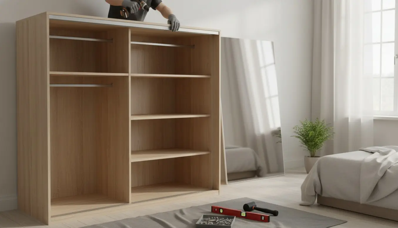 Nærbillede af montering af et moderne skydedørsgarderobe med spejldør, hylder og værktøj i et lyst værelse.