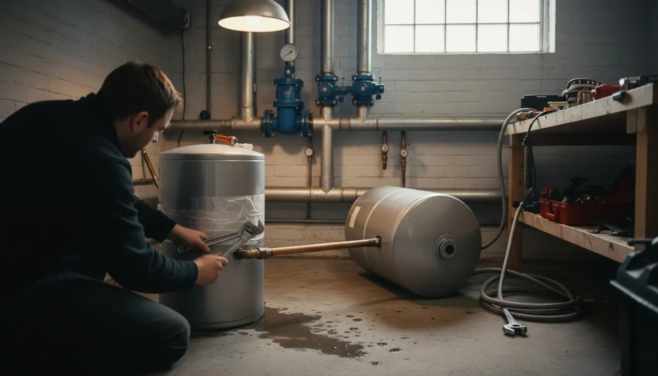 Tekniker udskifter en utæt varmtvandsbeholder til fjernvarme i et kælderrum med værktøj og isolerede rør.